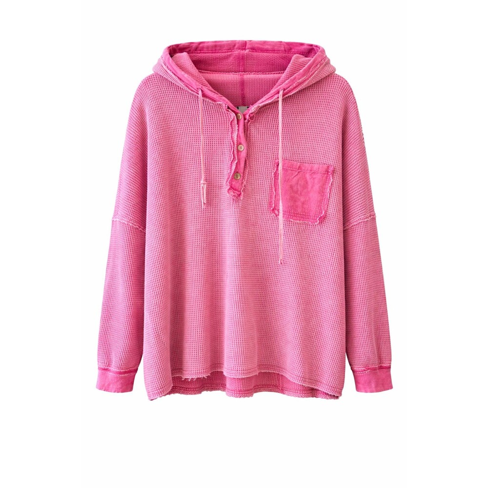 White Birch L Pink Waffle Knit Hoodie Button Neck Raw Hem